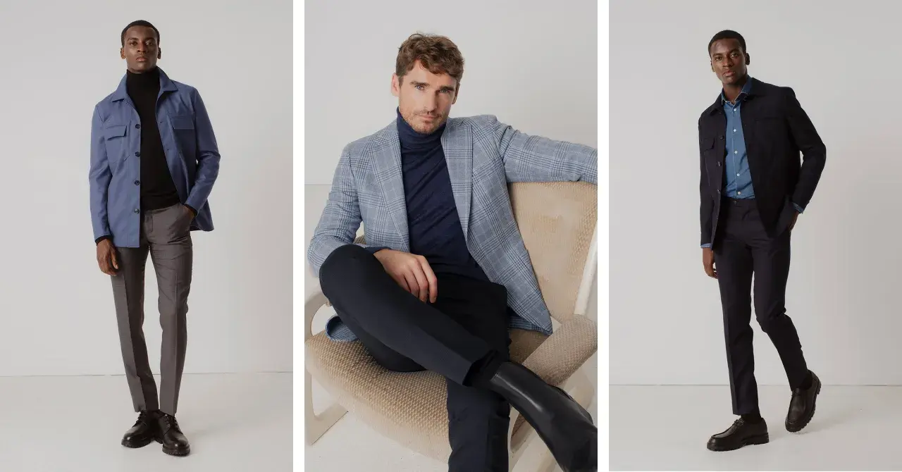 Trois hommes présentent des tenues élégantes pour savoir comment s'habiller au travail : veste bleue, blazer à carreaux, costume bleu marine.