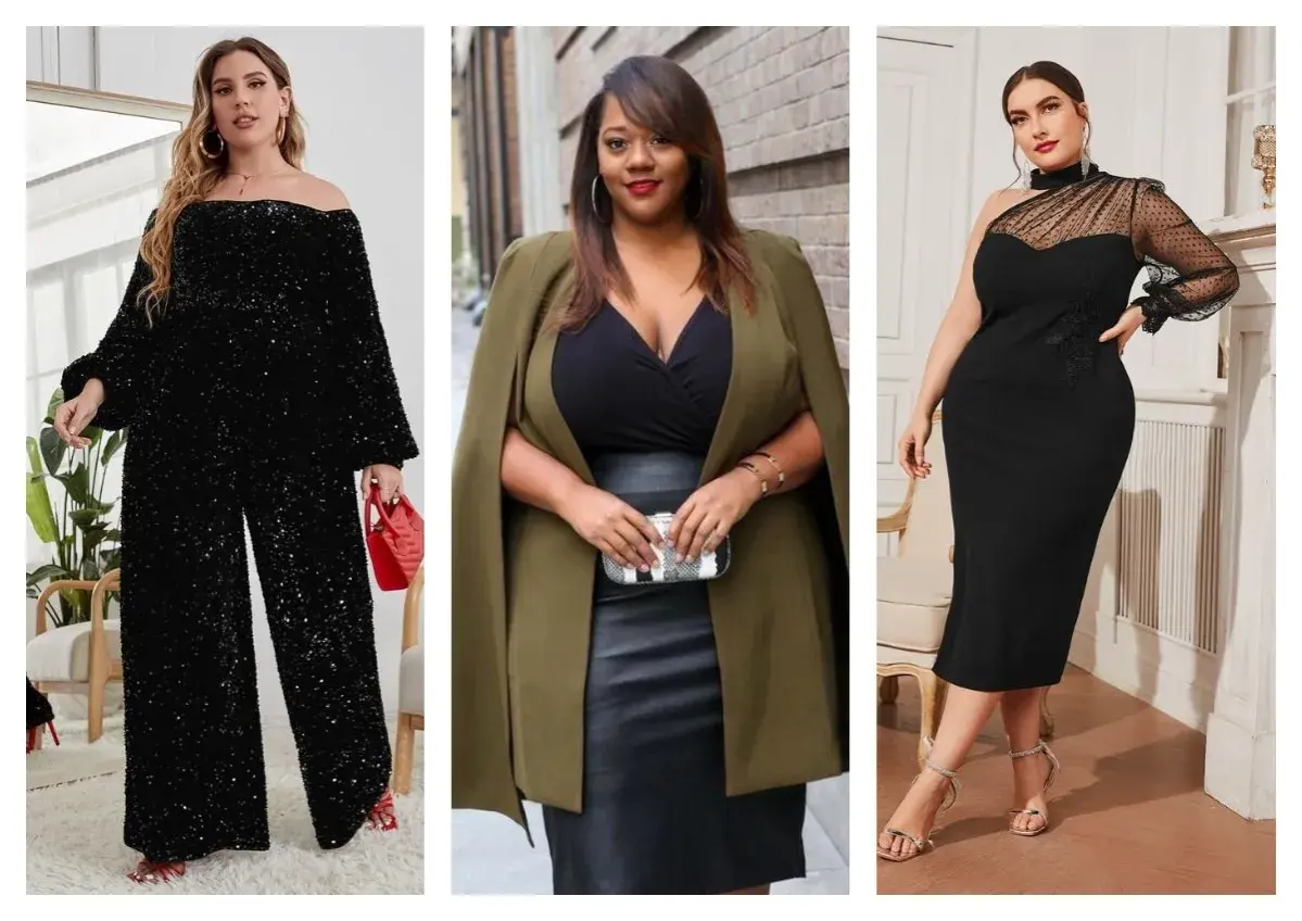 Idées de tenues pour comment s'habiller pour un premier rdv quand on est ronde : combinaison à paillettes, robe noire élégante, ou ensemble chic avec cape.