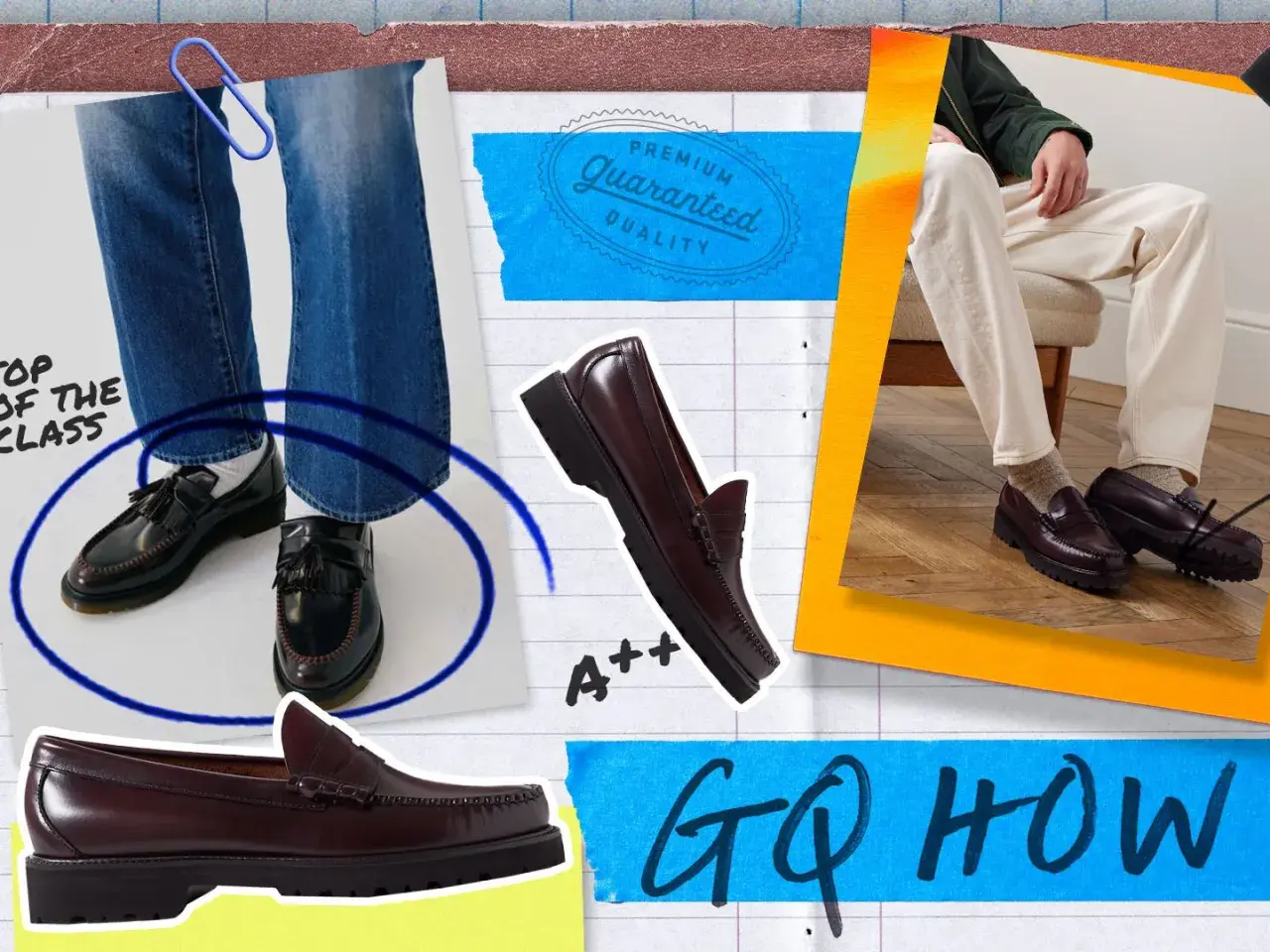 Des mocassins costume, parfaits pour un look chic. Ces chaussures élégantes sont mises en avant dans un montage graphique.