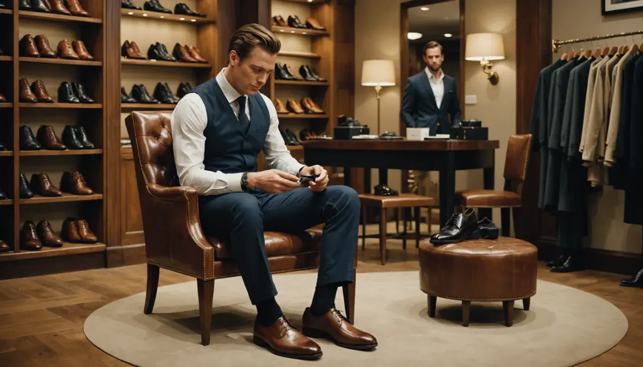 Un homme élégant en costume bleu marine, assis dans un fauteuil en cuir, réfléchit à comment porter des derbies homme. Des chaussures sont exposées dans la boutique.