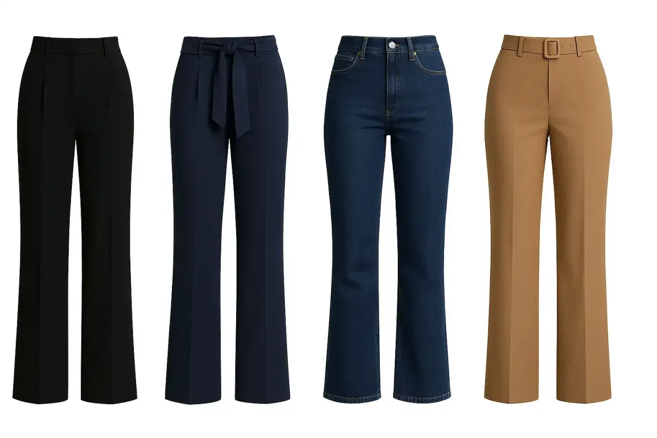 Quatre pantalons : noir, bleu marine à ceinture, jean évasé, et camel à boucle. Quel pantalon pour quelle morphologie ?