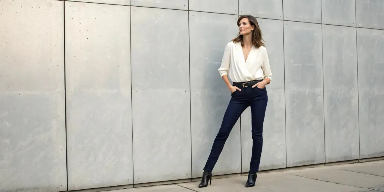 Femme élégante portant un pantalon qui affine les cuisses, chemisier blanc et bottines noires, posant devant un mur en béton.
