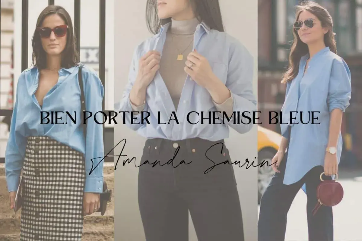 Trois femmes portent une chemise bleu ciel. L'une est avec une jupe à carreaux, l'autre avec un col roulé et un jean, et la troisième avec un pantalon noir.