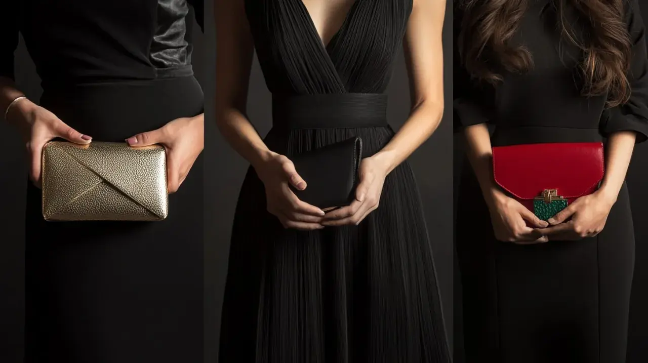 Trois pochettes élégantes : dorée, noire et rouge, parfaits accessoires pour mettre avec une robe noire.