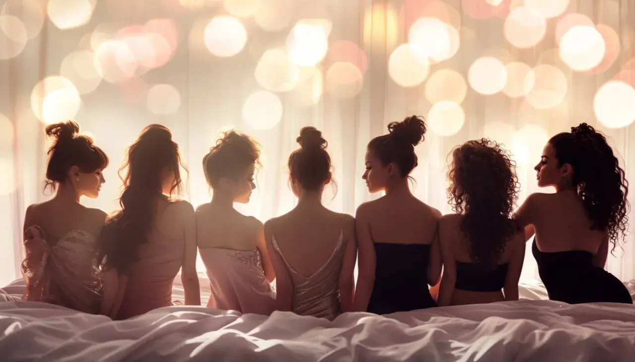 Sept femmes menues, dos tournés, assises sur un lit, dans une ambiance lumineuse et douce.
