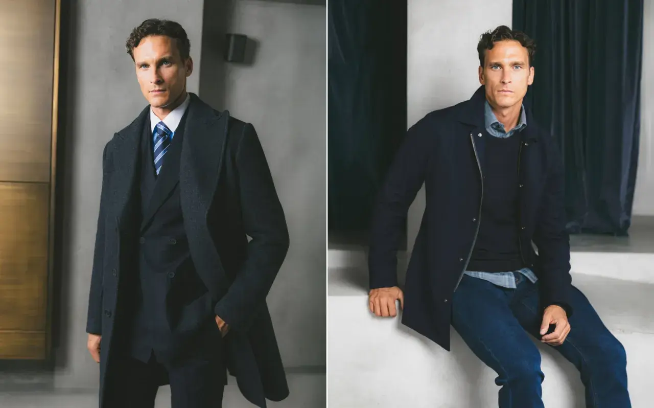 Homme élégant en manteau sombre, col classique, sur un costume ou un pull et jean.