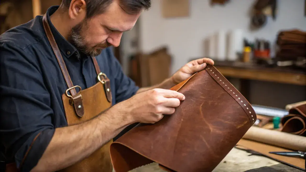 Artisan examine un cuir brun, vérifiant sa texture pour savoir si c'est du vrai cuir.