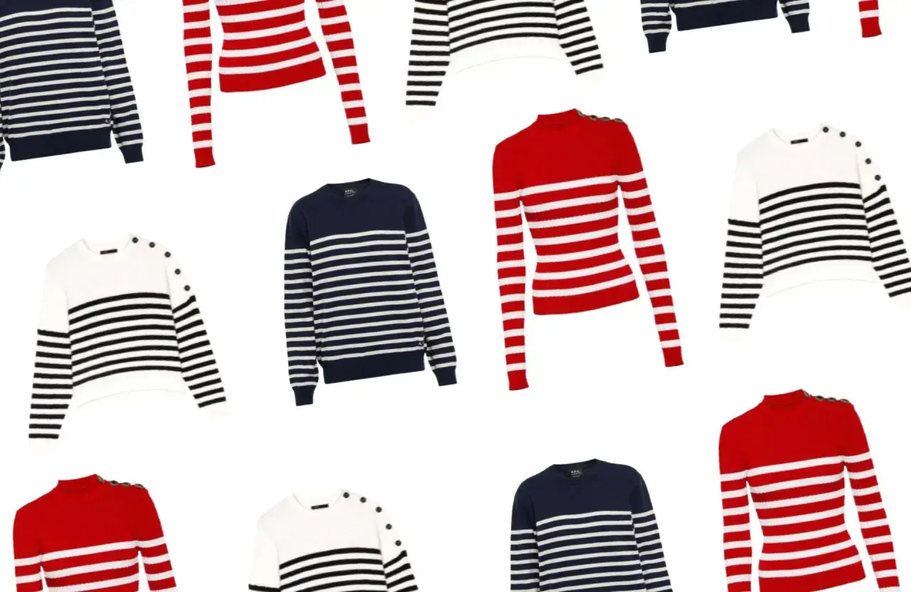 Plusieurs pulls marins femme rayés, bleus, blancs et rouges, avec des détails boutonnés. Idées pour comment porter un pull marin femme.
