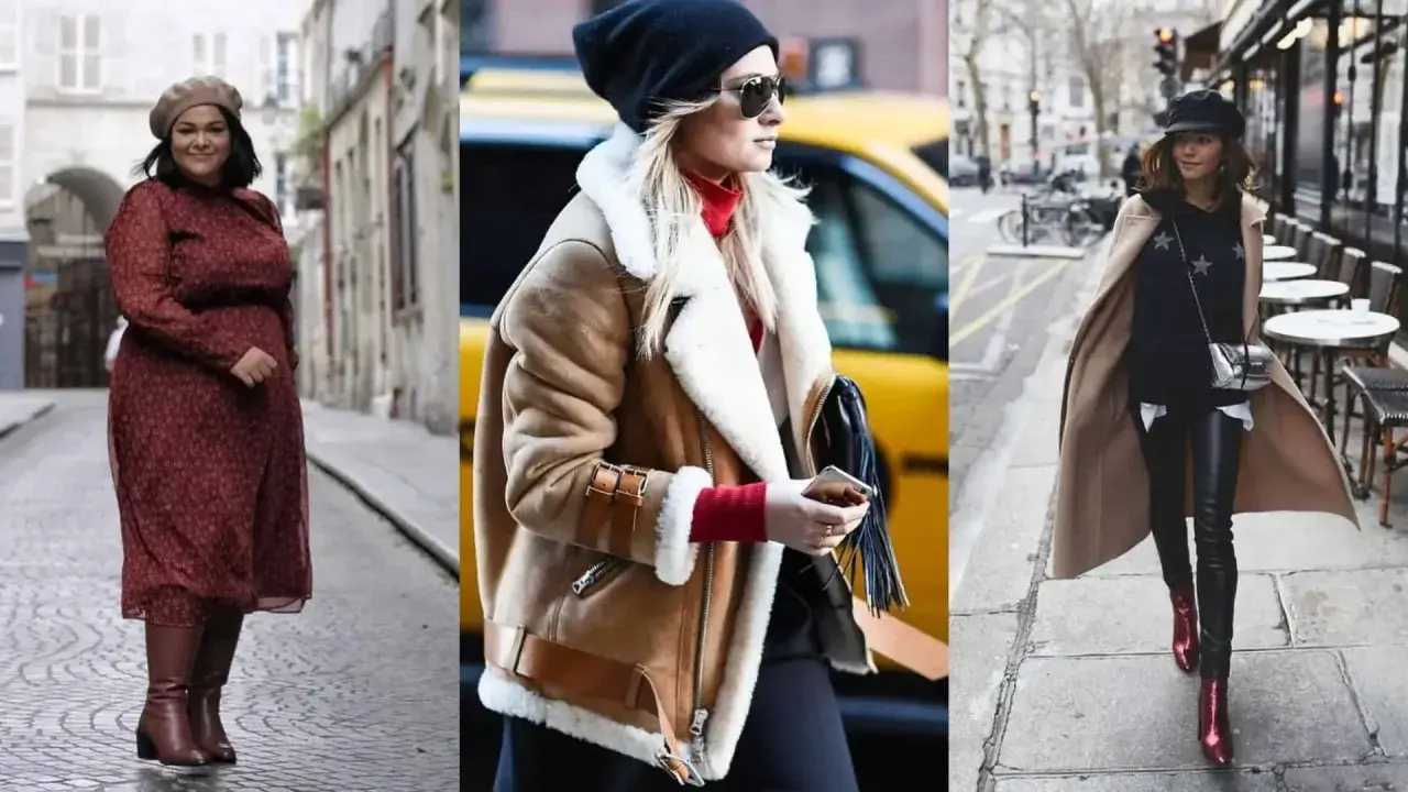 Trois femmes montrent comment s'habiller pour ne pas avoir froid : robe et bottes, veste aviateur douillette, ou manteau long avec cuir.