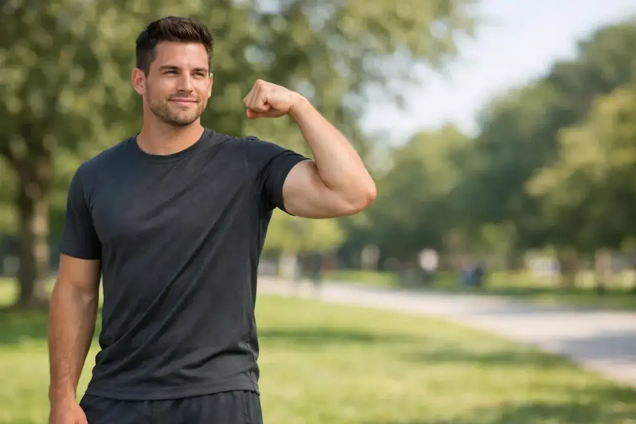 Homme souriant, silhouette athlétique, fléchissant le biceps en plein air.