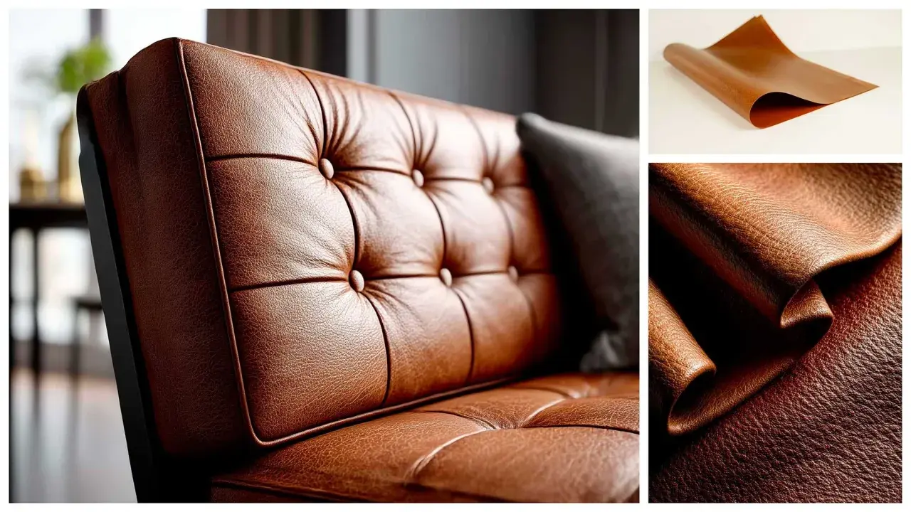 Gros plan sur un canapé capitonné en cuir synthétique marron. Des échantillons de ce matériau, montrant sa texture et sa souplesse, suggèrent une longue durée de vie.
