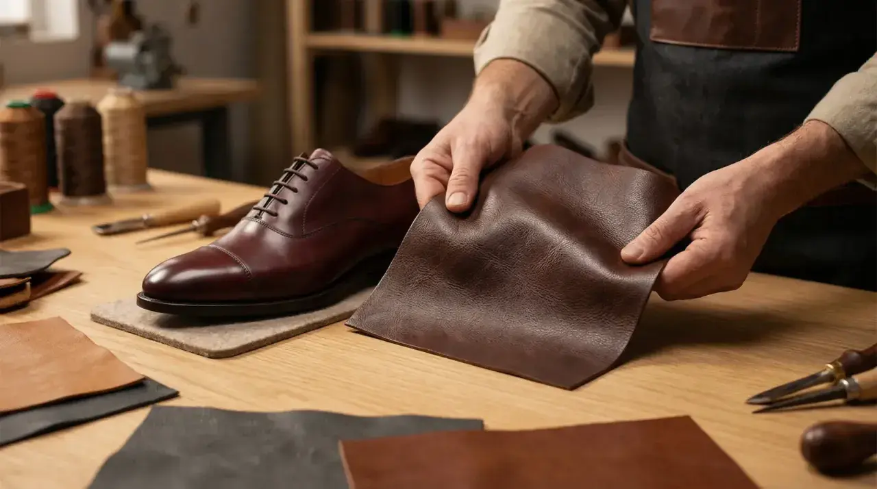Un artisan examine différents types de cuir à côté d'une chaussure élégante.