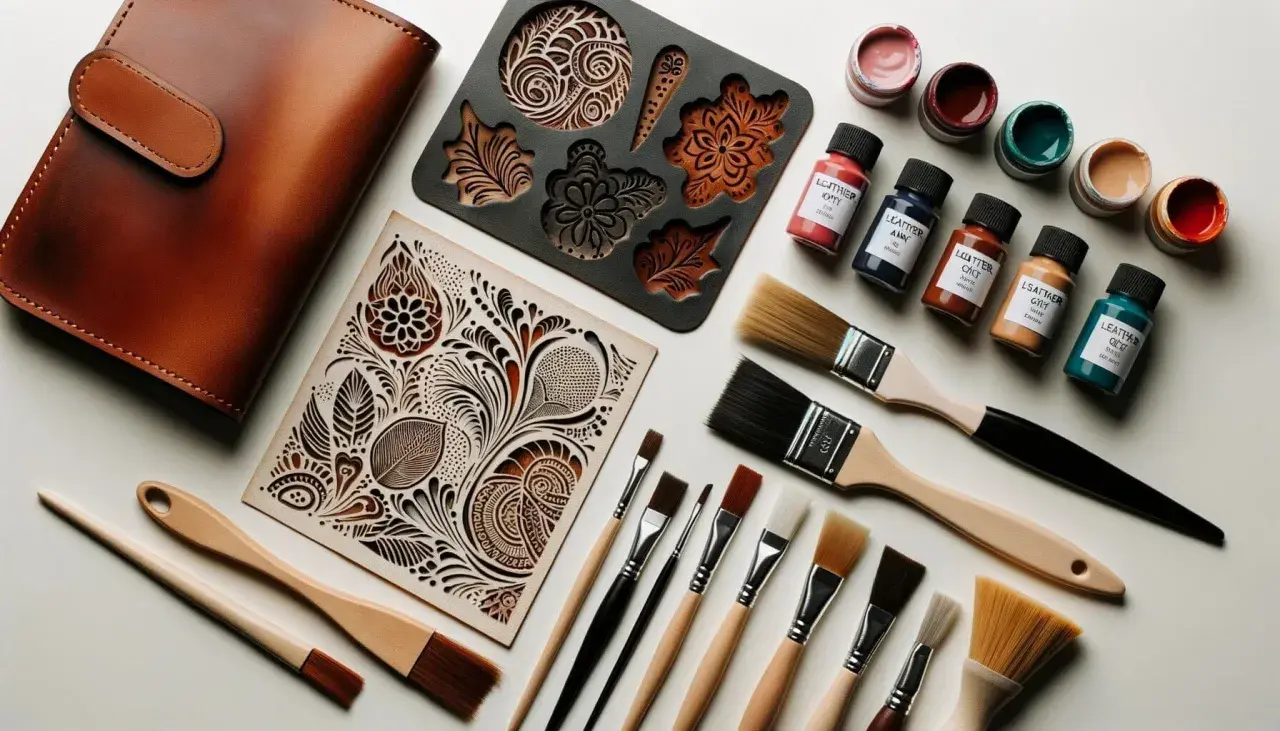 Kit pour peindre du cuir : portefeuille, pochoirs, pinceaux et pots de peinture aux couleurs vives.