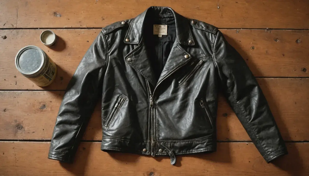 Blouson cuir décoloré comment faire ? Un blouson de motard noir usé, posé sur un bois brut, avec une boîte de produit d'entretien.