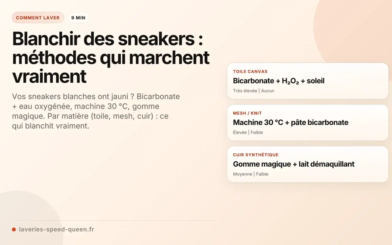 Guide pour blanchir semelle basket jaunie : bicarbonate, eau oxygénée, machine à 30°C ou gomme magique selon la matière.
