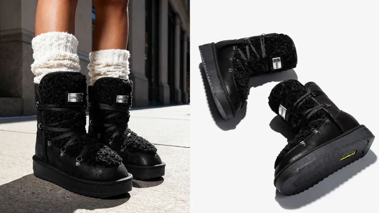 Des bottines chaussettes noires en fausse fourrure, lacées, avec une semelle épaisse. Parfaites pour un look d'hiver stylé.