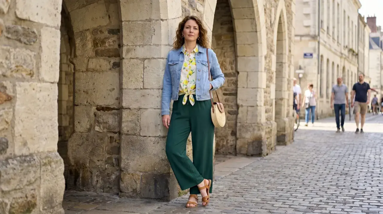 Une femme pose devant des arches en pierre. Elle porte une veste en jean, un chemisier à motifs, un pantalon vert et des sandales. Idéal pour savoir comment s'habiller quand il fait 12 degrés femme.