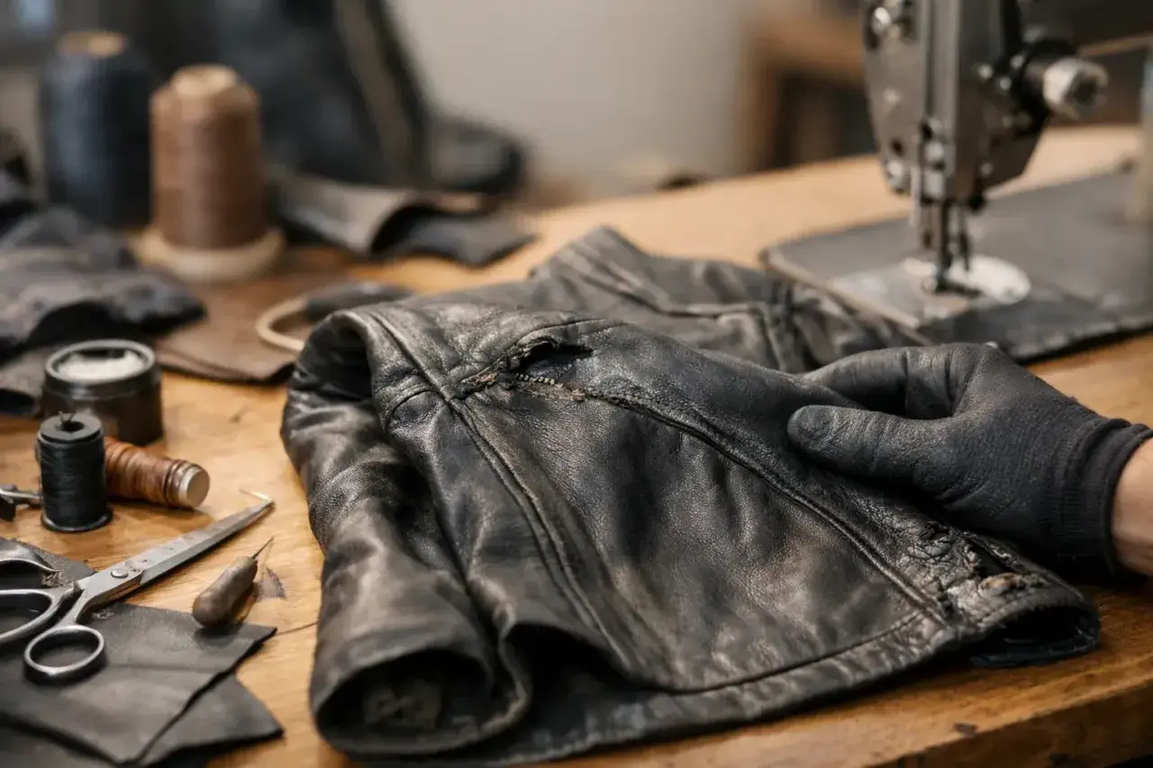 Main d'un artisan en gant noir tenant une veste en cuir abîmée, prête à être renover. Outils de couture et fils sur la table.