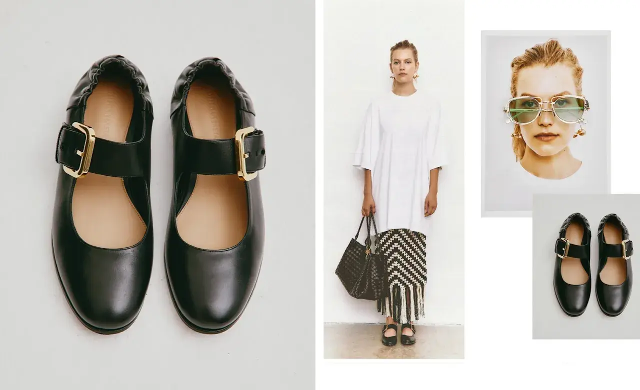 Chaussures noires à boucle dorée, style Mary Jane, portées par un mannequin. Un look chic et moderne.
