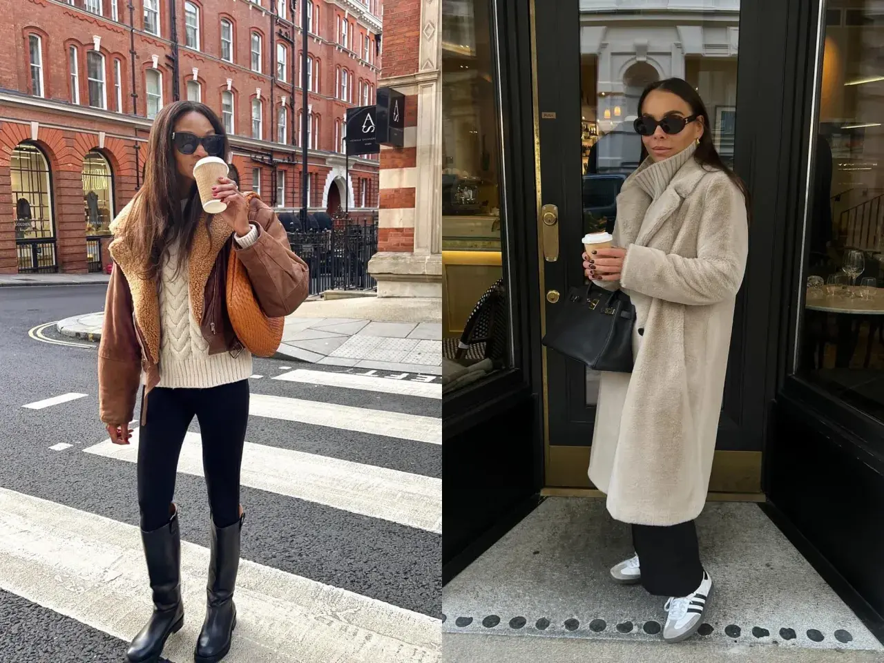 Look femme hiver froid. Deux femmes élégantes profitent d'une boisson chaude par temps frais, l'une avec une veste en cuir et l'autre dans un manteau en fausse fourrure.