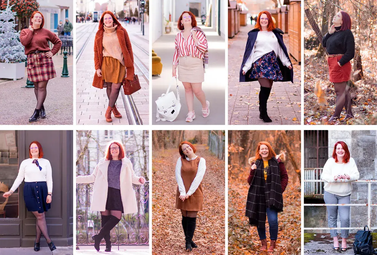Compilation de looks d'automne et d'hiver, montrant une femme avec des cheveux roux portant diverses tenues, dont une tenue d'hiver swag.