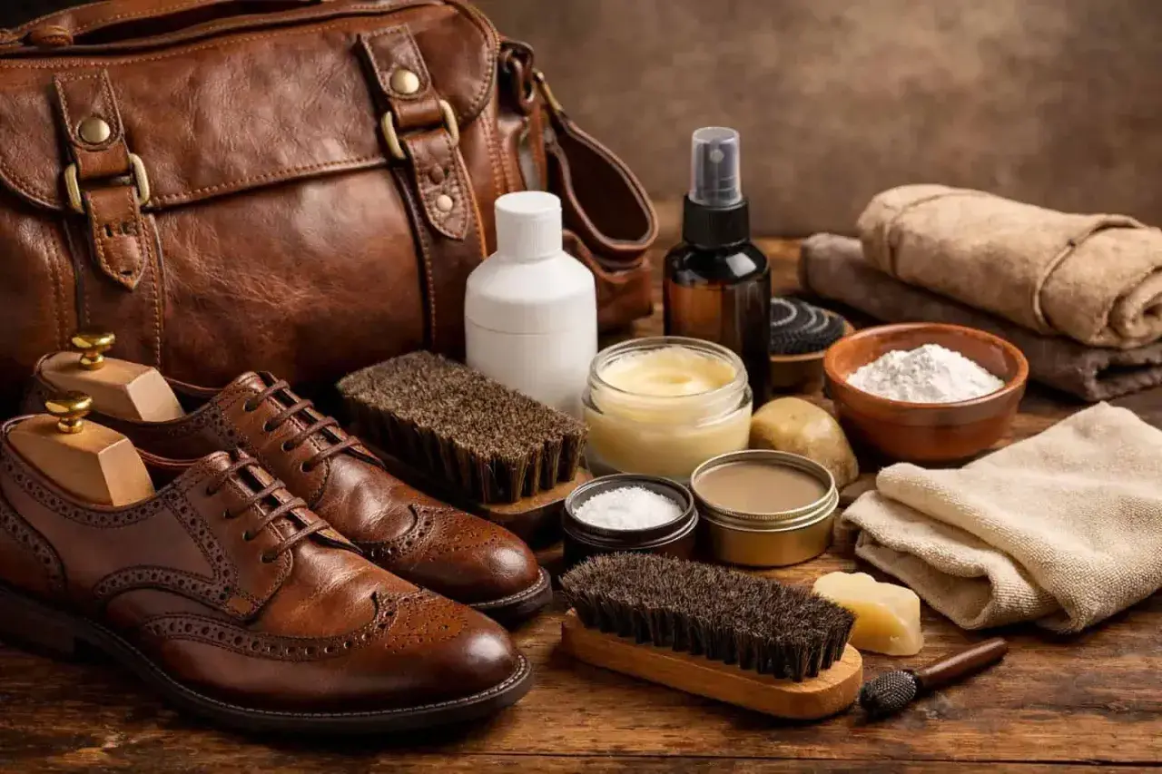Ensemble d'accessoires pour nettoyer cuir : chaussures, sac, brosses, crèmes et chiffons.