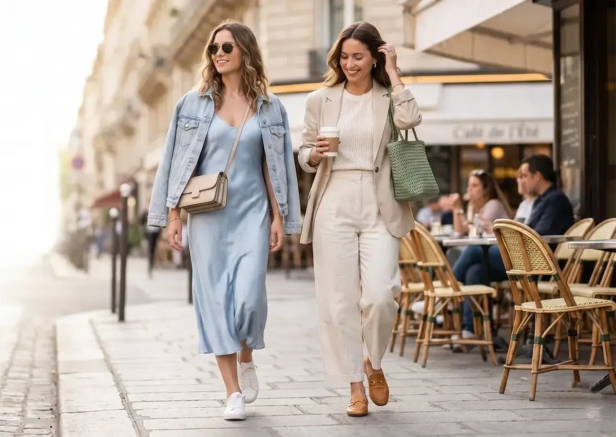 Deux femmes flânent dans une rue parisienne, offrant une belle idée tenue printemps femme. L'une porte une robe nuisette bleu pâle avec une veste en jean, l'autre un tailleur pantalon crème.