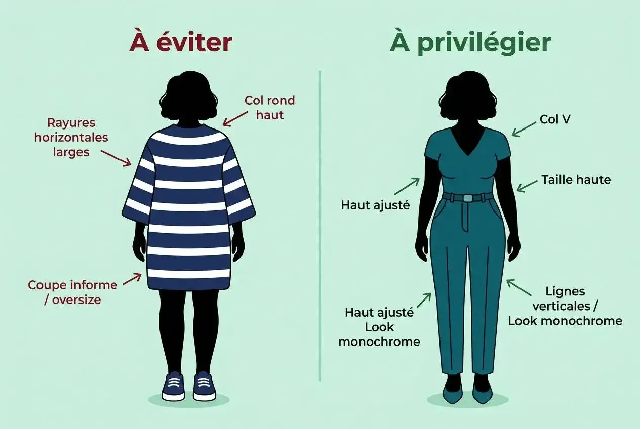 Pour un vêtement à éviter quand on est ronde : une robe informe à rayures horizontales larges et col rond. Privilégier un haut ajusté, col V, taille haute et lignes verticales.