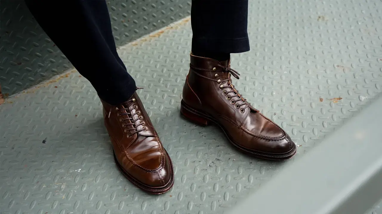 Bottes marron en cuir Horween, lacées, sur un sol métallique.