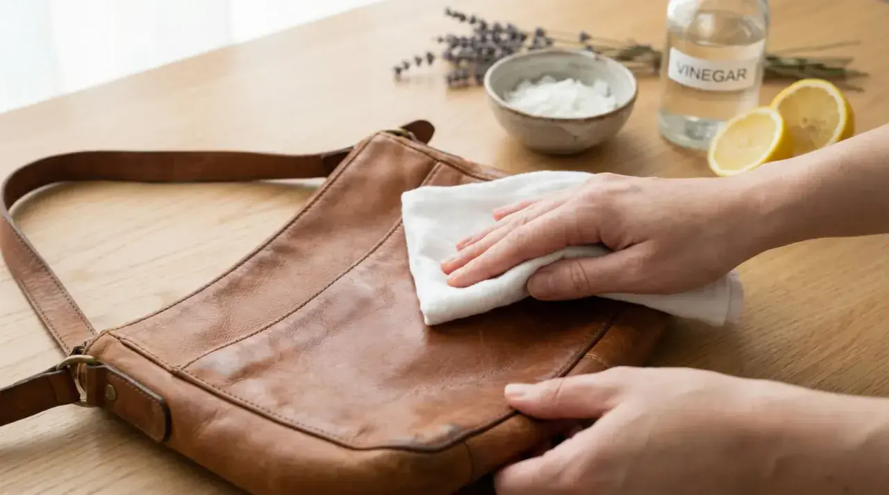 Main d'une personne en train d'enlever une tache sur un sac en cuir clair avec un chiffon blanc. Vinaigre, citron et lavande en arrière-plan.
