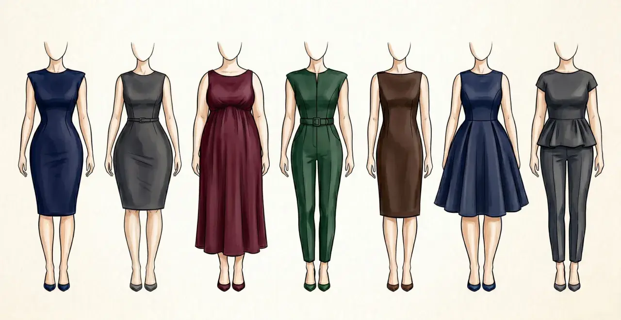 Sept silhouettes buste femme en tenues professionnelles variées : robes, tailleur pantalon, combinaison.