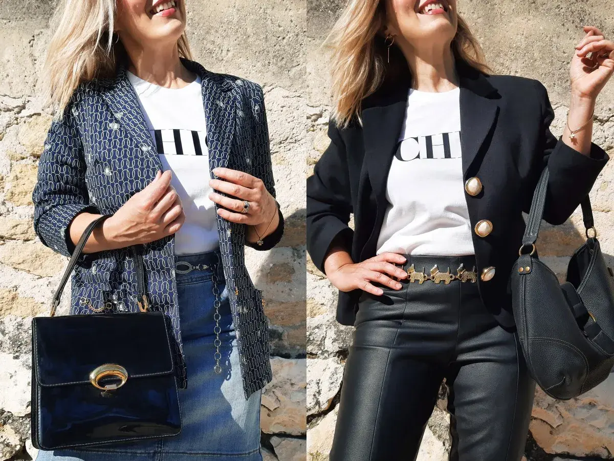 Une femme élégante porte une veste imprimée et un jean, puis une veste noire et un pantalon en cuir.