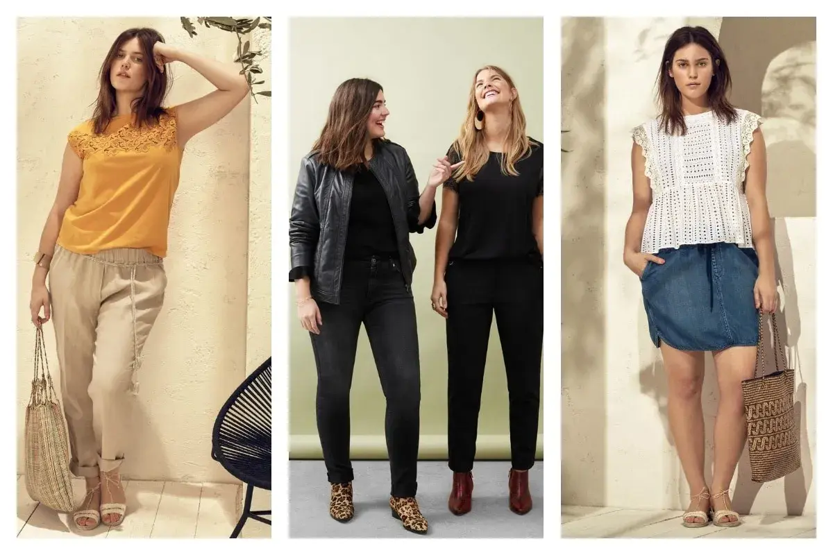 Trois femmes rondes montrent des tenues stylées : pantalon beige, jean noir et jupe en jean. Idées pour comment s'habiller quand on est ronde.