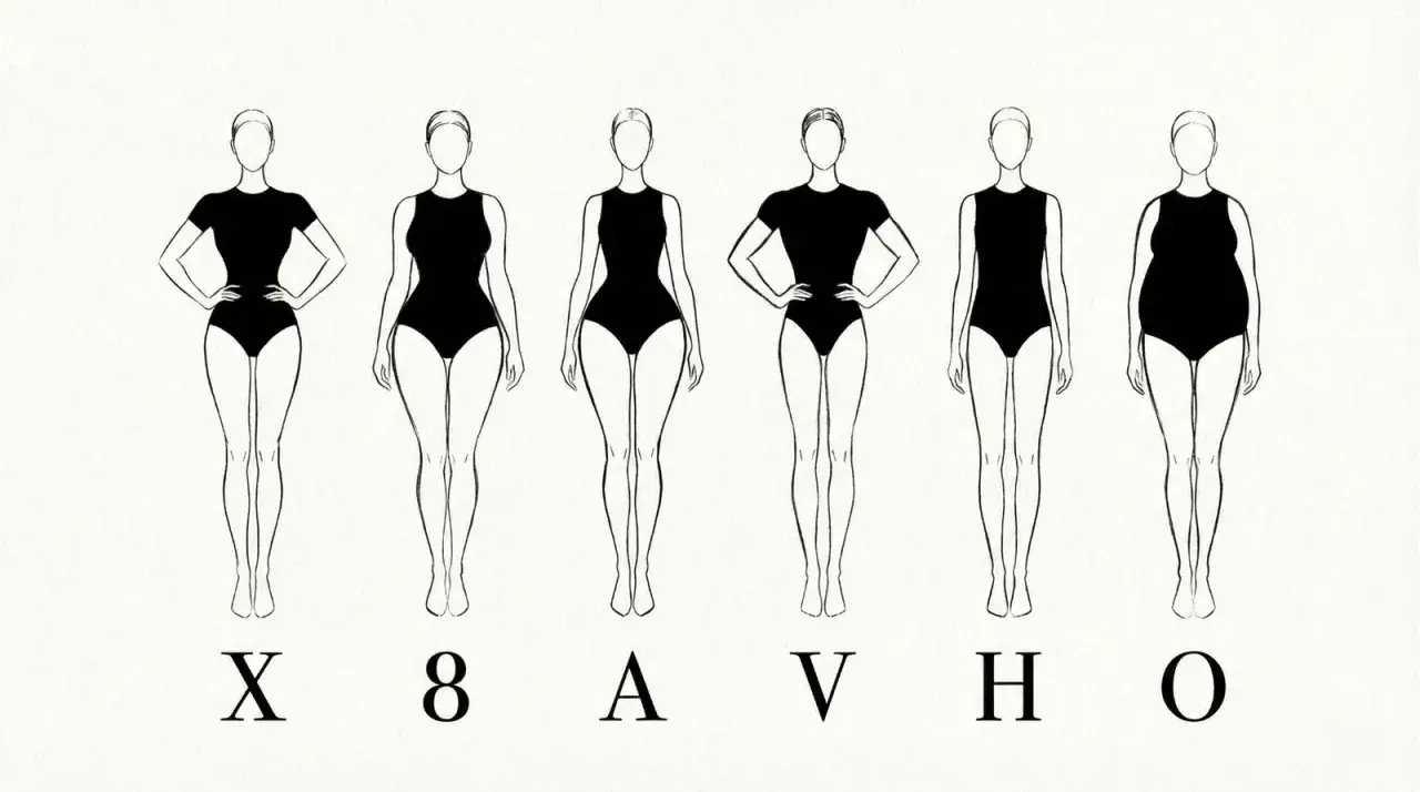 Six silhouettes féminines illustrent différents types de corps : X, 8, A, V, H, O.