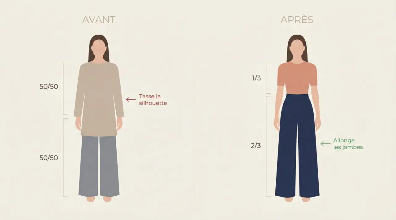 Avant/Après : la proportion jambe buste femme change. La silhouette est tassée (50/50) puis allongée (1/3 buste, 2/3 jambes).