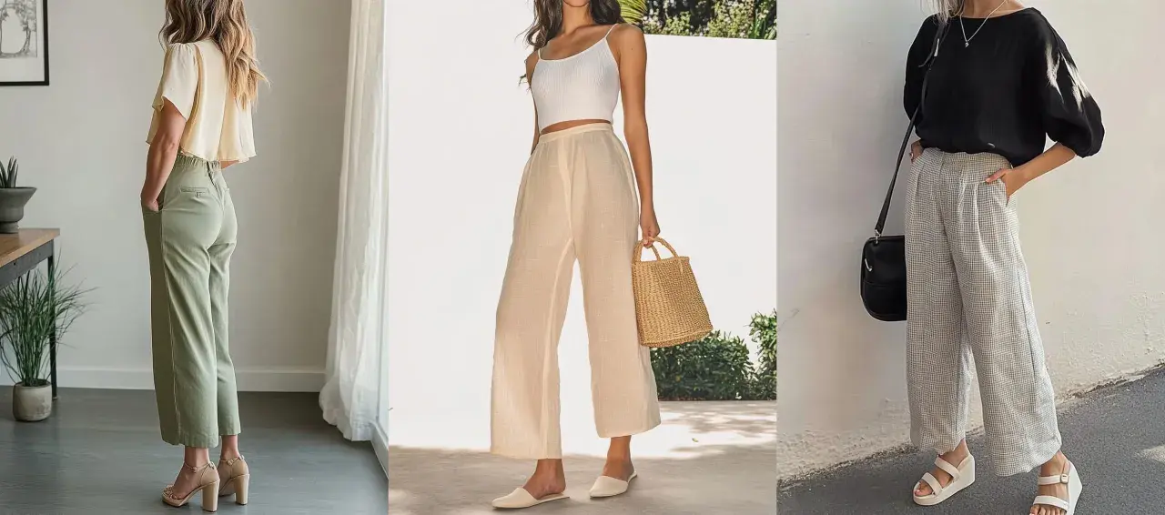 Trois femmes portent des pantalons en lin. Quelle chaussure avec un pantalon en lin homme ? Sandales à talons, mules ou compensées, le lin s'adapte à tout.