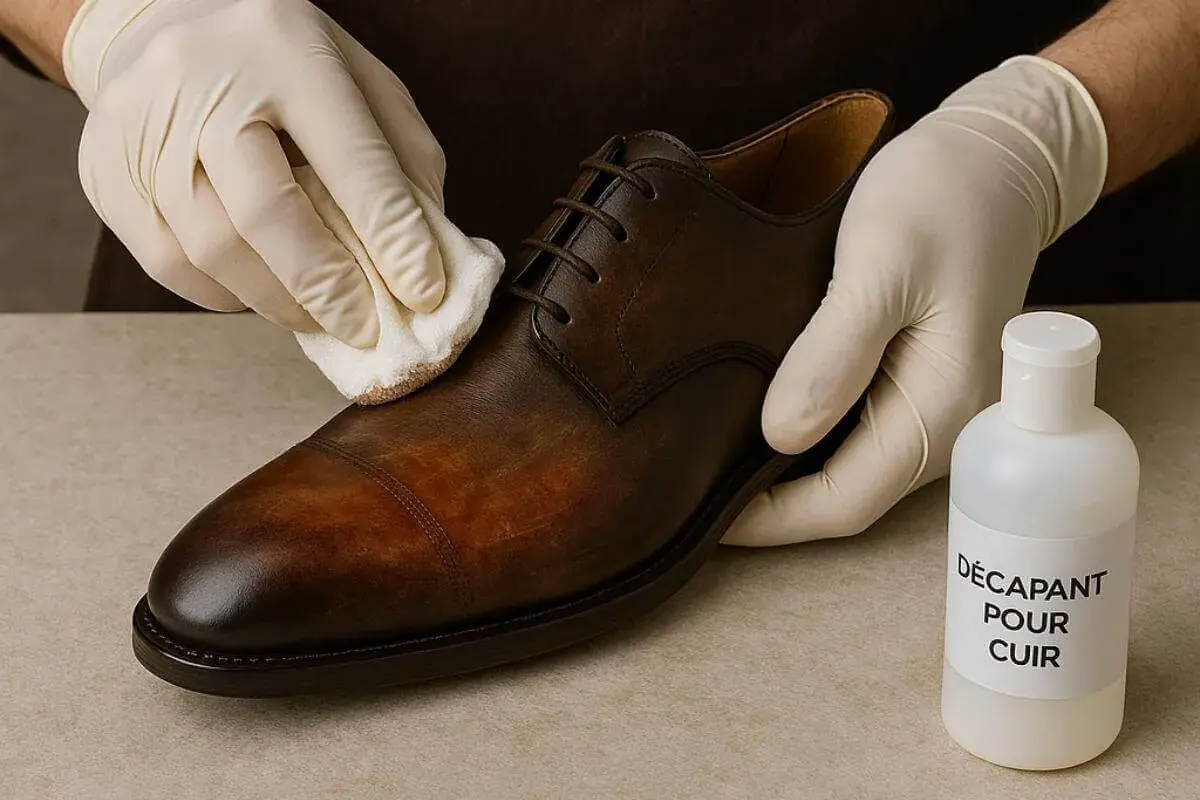 Mains gantées nettoyant une chaussure en cuir patiné avec un produit décapant.