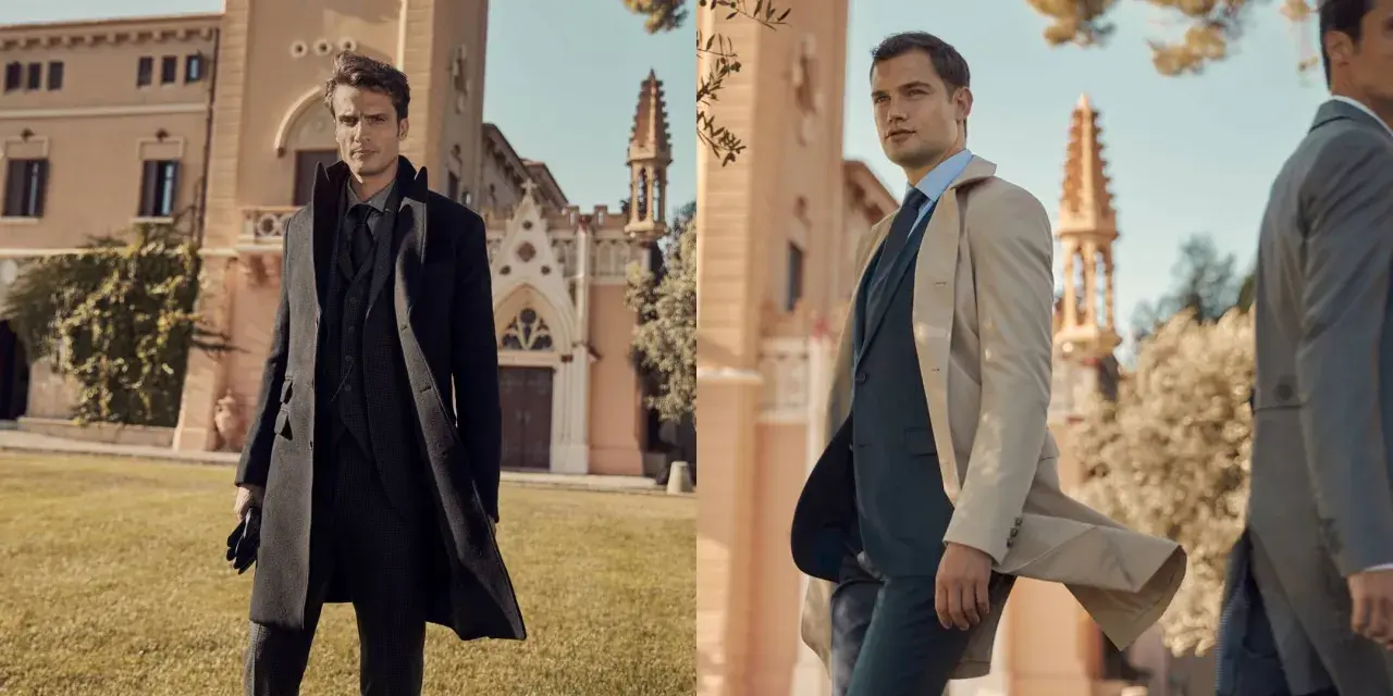 Deux hommes élégants portent des manteaux longs. L'un est en noir, l'autre en beige. La longueur manteau femme est ici mise en avant sur ces silhouettes masculines.