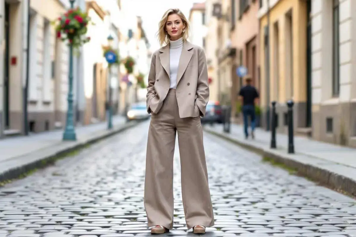 Une femme pose dans un tailleur pantalon beige, avec un col roulé blanc. Elle porte des chaussures plates qui complètent parfaitement son look. Quelles chaussures avec un tailleur pantalon ? Celles-ci !
