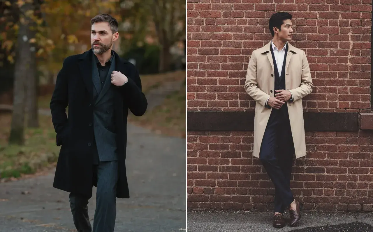 Deux hommes élégants, l'un en manteau noir, l'autre en beige. Quelle couleur de manteau choisir pour un style impeccable ?