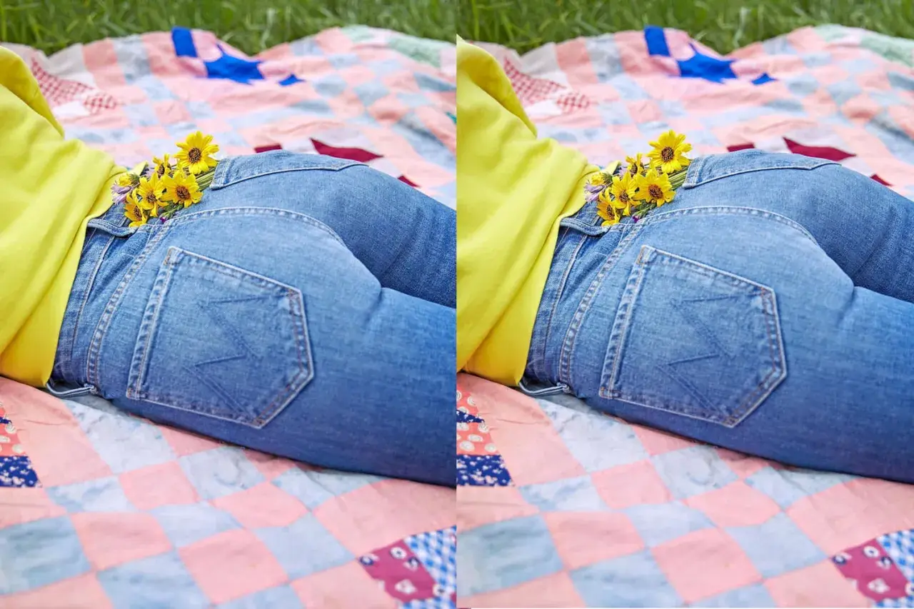 Jean de ma girlfriend, quelle morphologie ! Un bouquet de fleurs jaunes se cache dans la poche arrière de son jean, sur une couverture à carreaux.