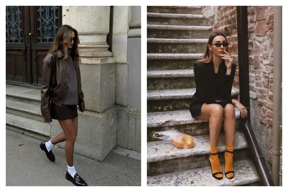Deux femmes stylées : l'une en veste en cuir marron et chaussettes blanches, l'autre en blazer noir avec des chaussettes orange vif.