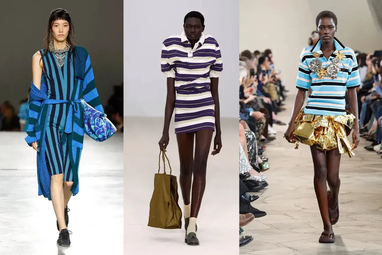Comment être à la mode : trois mannequins arborent des tenues rayées, des robes aux cardigans, en passant par des jupes audacieuses.