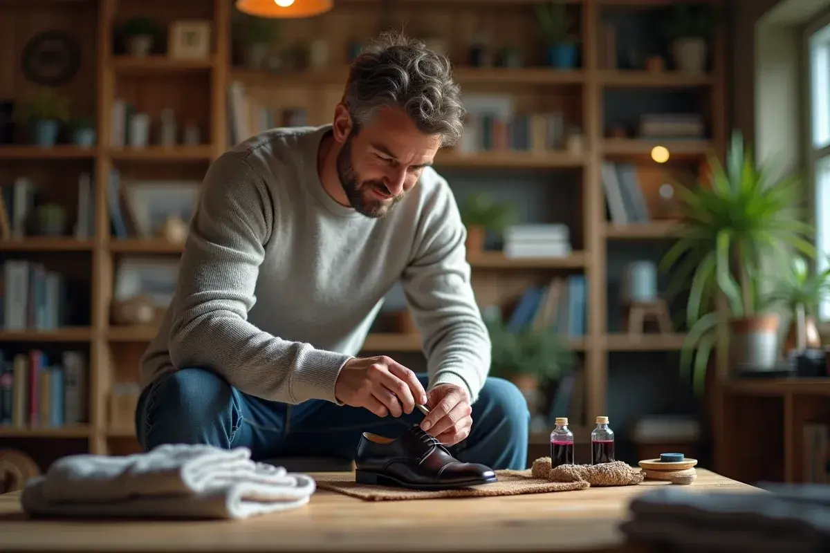 Un homme concentré sur la **teinture du cuir** de ses chaussures. Des flacons de teinture et des outils sont disposés sur la table.