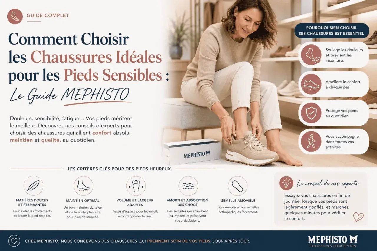 Guide pour comment choisir ses chaussures Mephisto pour pieds sensibles : confort, maintien et qualité au quotidien.