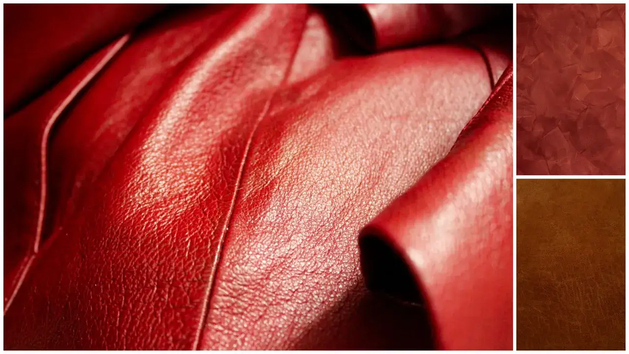 Gros plan sur du cuir rouge plissé, avec des échantillons de textures de cuir marron et rouge sur la droite. Le cuir synthétique, une option durable.