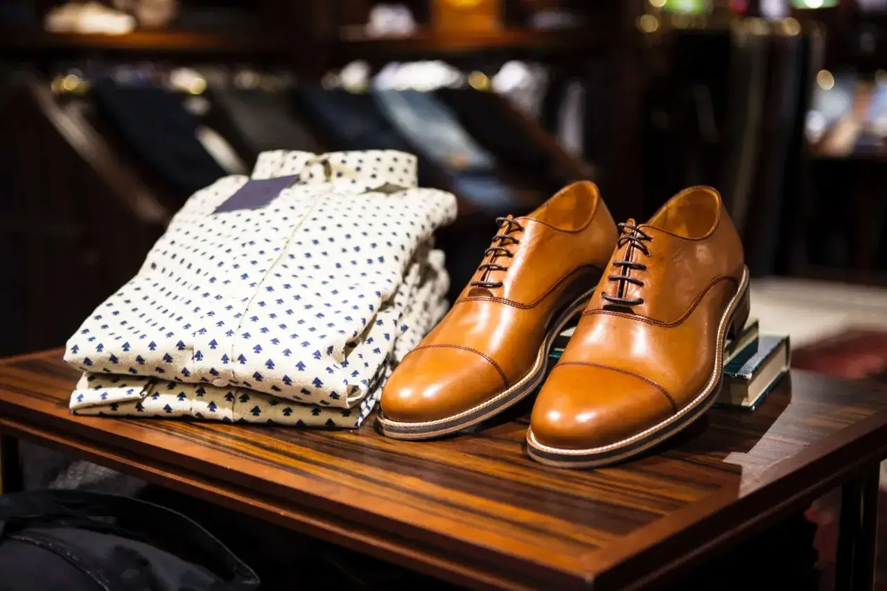 Chaussures richelieu en cuir animal brun, sur une table en bois, &agrave; c&ocirc;t&eacute; d'une chemise &agrave; pois bleus.