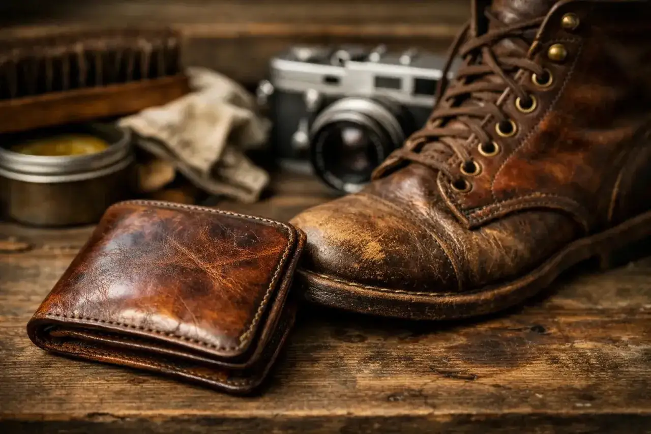 Portefeuille et botte en cuir gras patinés, prêts pour l'aventure. Un appareil photo vintage et une brosse à cirage complètent la scène.