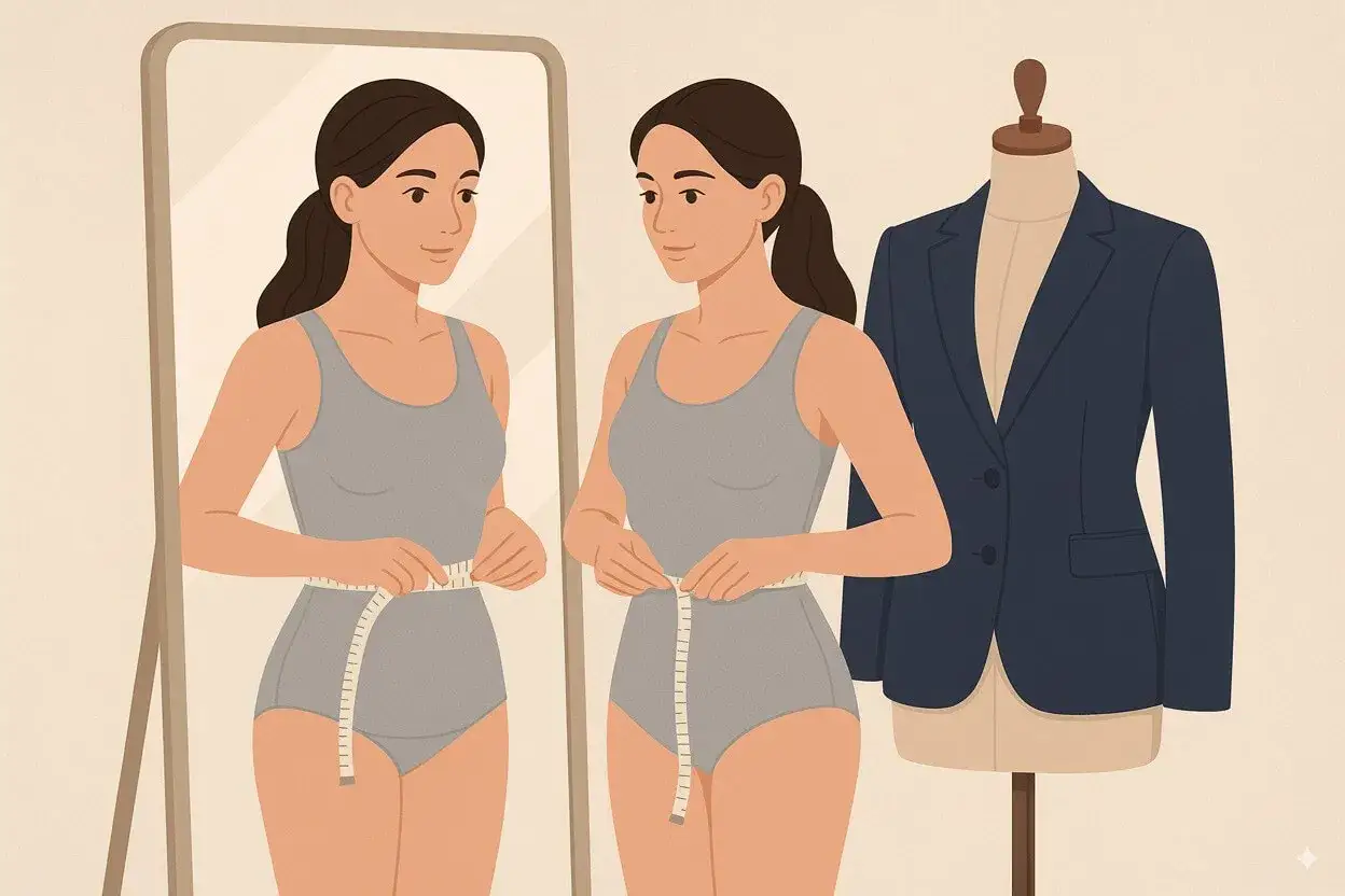 Une femme mesure sa taille devant un miroir, &agrave; c&ocirc;t&eacute; d'un mannequin portant un blazer. Quel blazer pour quelle morphologie ?
