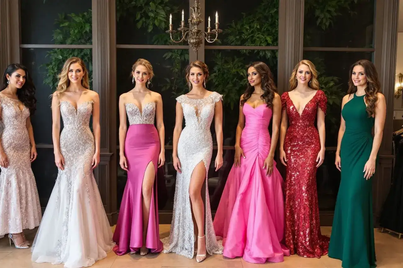 Six femmes minces portent de magnifiques robes de soir&eacute;e, allant du rose vif au vert &eacute;meraude, certaines orn&eacute;es de paillettes.
